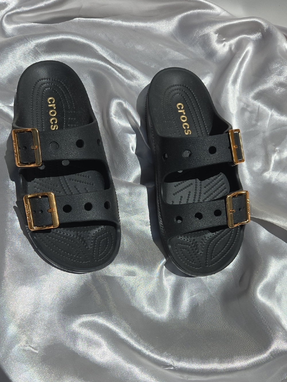 CROCS SATURDAY SANDAL Black Dual-Strap Slides with Metallic Gold Buckles